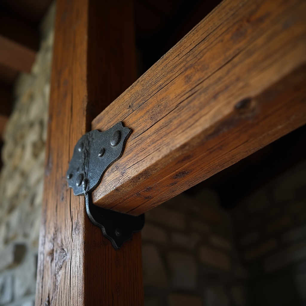 Detalle de una viga de madera tallada a mano en una vivienda tradicional rehabilitada