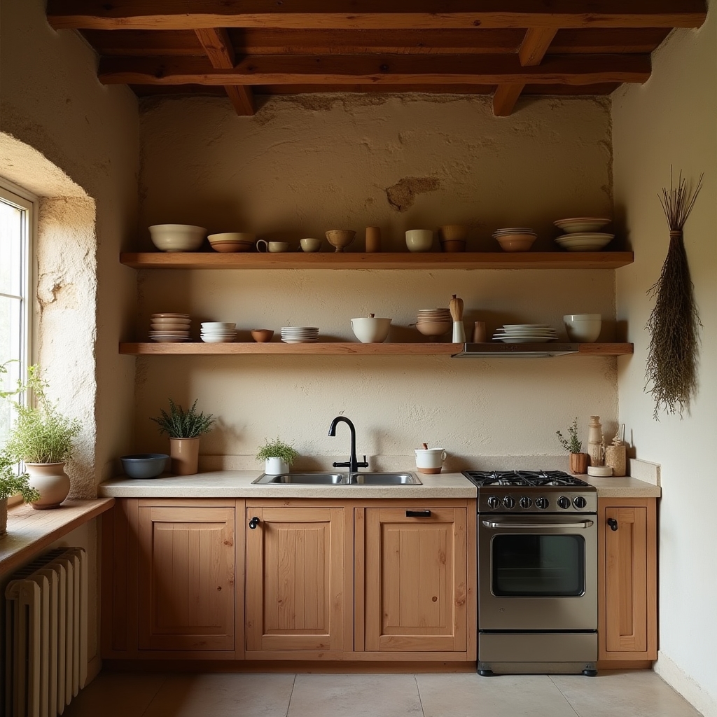 Cocina rural equipada de forma sencilla con utensilios básicos y materiales tradicionales