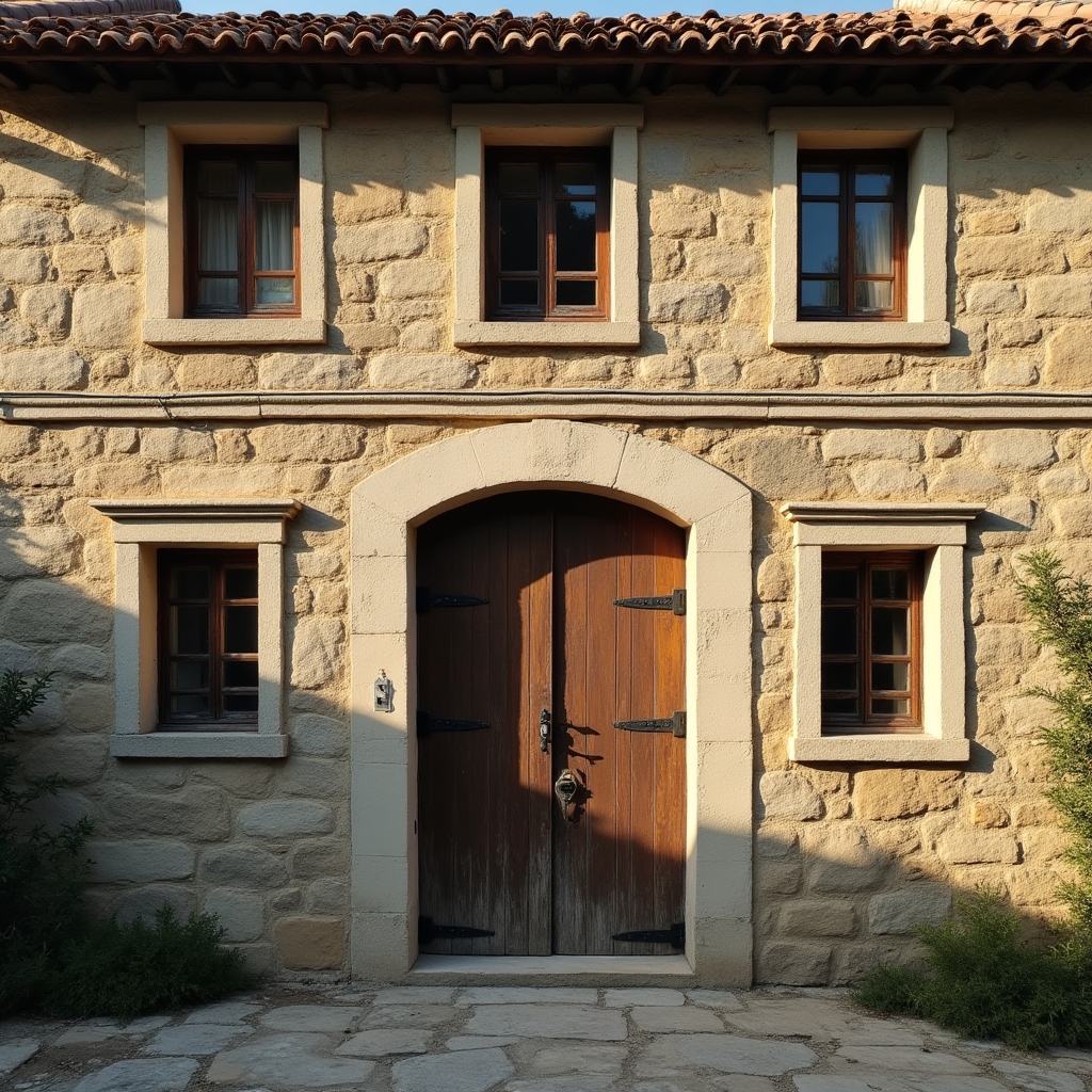 Fachada de piedra tradicional de una casa de pueblo antes de su rehabilitación