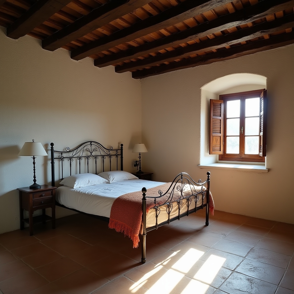 Habitación de una casa rural rehabilitada con vigas de madera vistas y ropa de cama sencilla