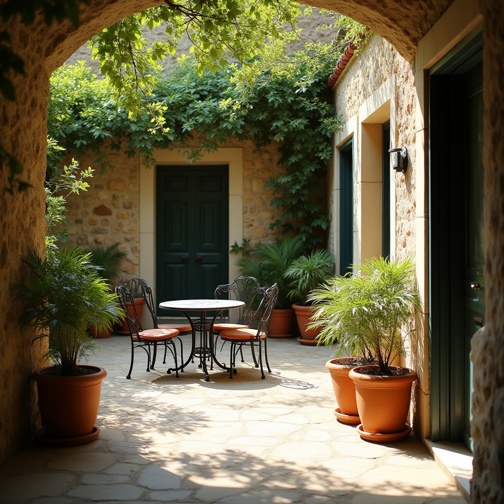 Patio interior con encanto de una casa de pueblo rehabilitada con plantas y mobiliario sencillo
