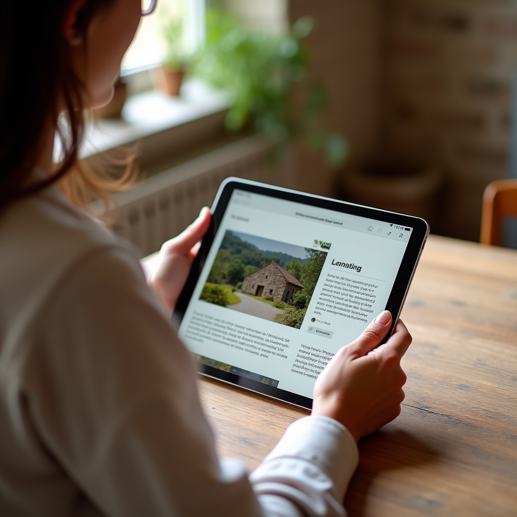Tablet mostrando una ficha de alojamiento rural en una plataforma de turismo rural