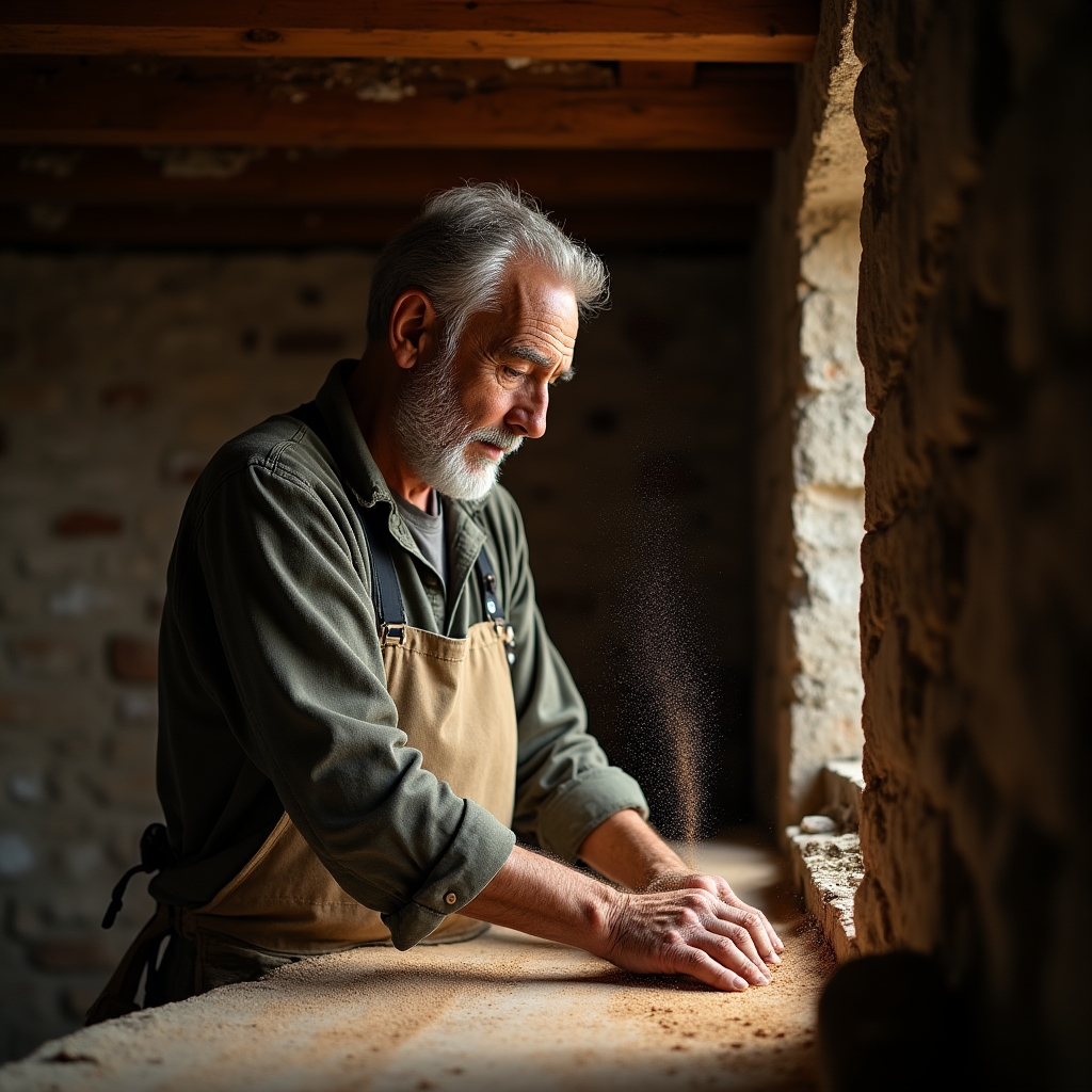 Artesano restaurando una viga de madera original en una casa de pueblo