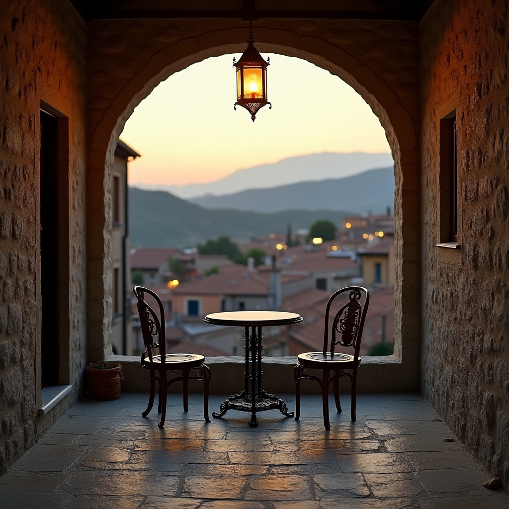 Terraza de una casa de pueblo con vistas al caserío tradicional al atardecer
